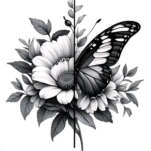 half butterfly half flower bouquet tattoo design idea
