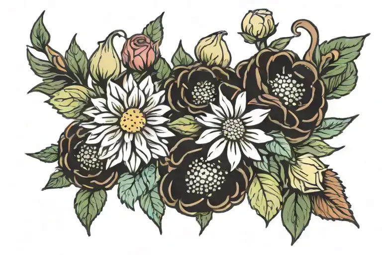 flower boquet  daisy aster and roses tattoo design idea