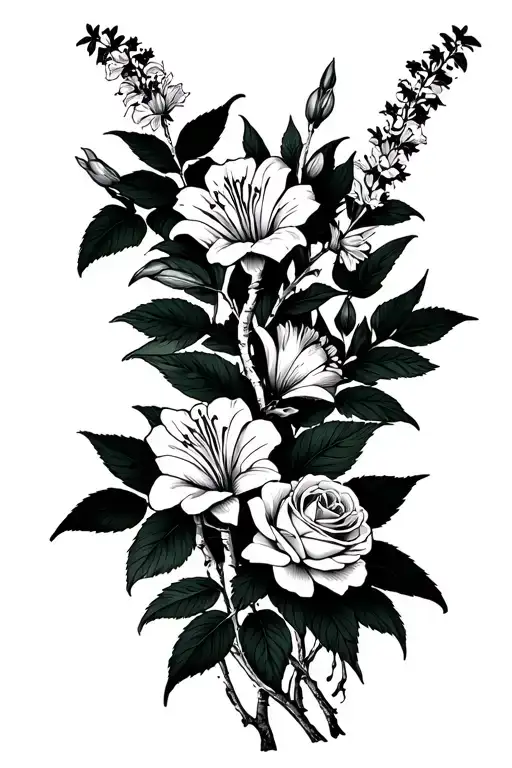 white birch tree branches with lilys, roses, lavanders and carnation flowers growing out of it  tattoo design idea