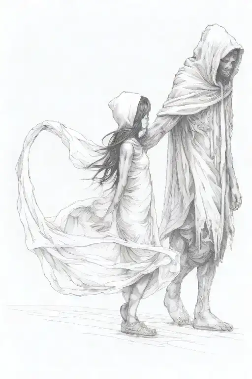 a girl and a huge hooded beast walking side by side holding hands tattoo design idea