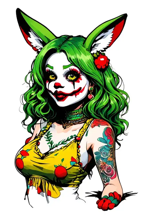 Psycho Clown Girl; Green hair; Tattoos; Piercings; Green rabbits; Green foxtail tattoo design idea
