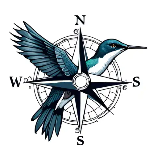 north star compass with navy themes, hummingbird, bobcat tattoo design idea