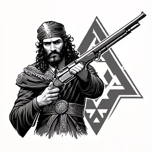amazigh sign and a guy holding double barreled shotgun as a sign of majesty and sublimity tattoo design idea