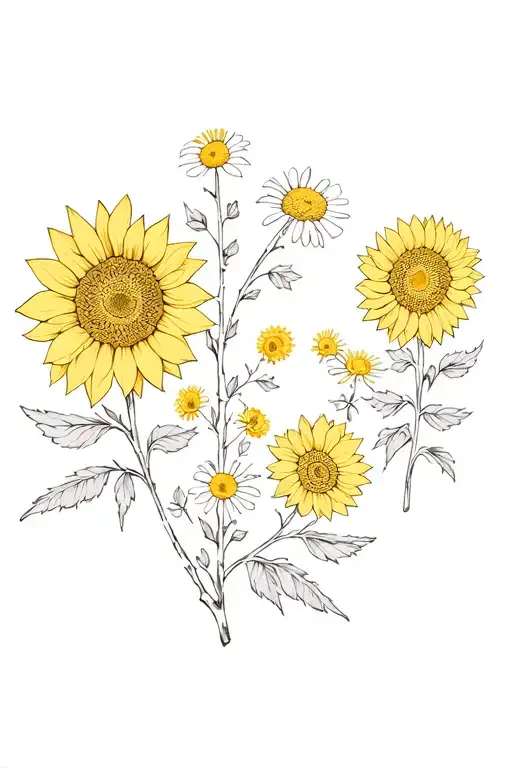 Slavic patterns with sunflowers and chamomile and birch leaves  tattoo design idea