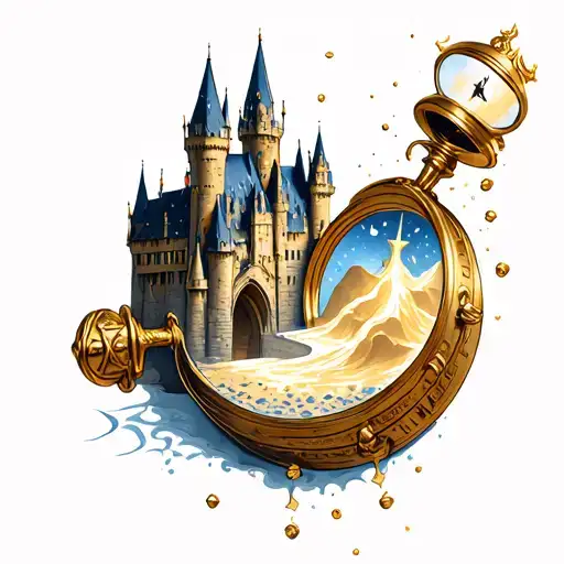 Tiny surreal tattoo of the Hogwarts castle inside a golden time-turner, sand falling in slow motion revealing scenes tattoo design idea