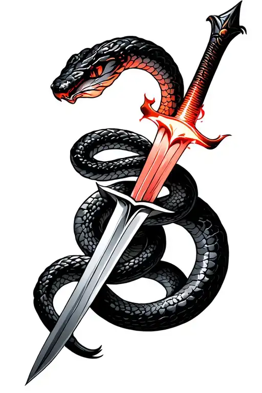 straight line tattoo running down the spine. a snake wrapping around a sword, towards the end of the sword it glows red tattoo design idea