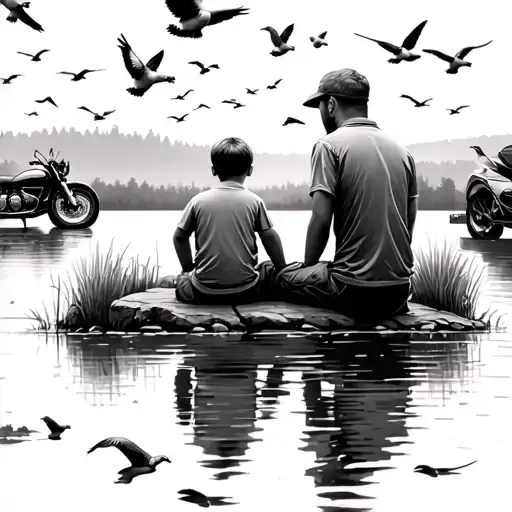 Dad and son sat by fishing lake. Car and motorbikes in the background with pigeons flying overhead tattoo design idea