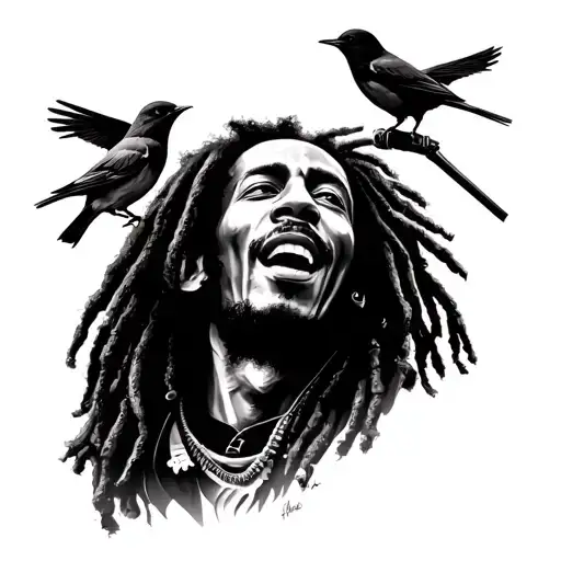 drawing tattoo design Bob marley soul singing with three little birds. tattoo design idea