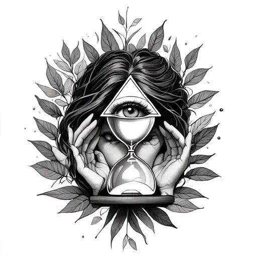 womans face with triangle eye on forehead holding a hourglass thats breaking, mother nature, symetrical, leaves tattoo design idea