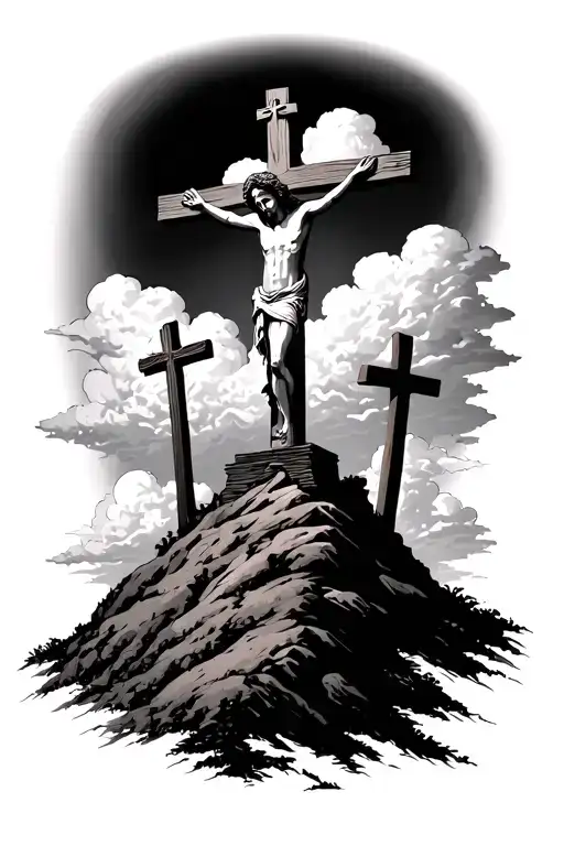 hill with 3 crosses and clouds and Jesus silhouette  tattoo design idea