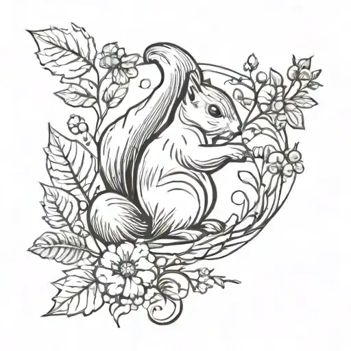 woodland scene with floral and greenery, squirrel holding an acorn witchy vibes tattoo design idea
