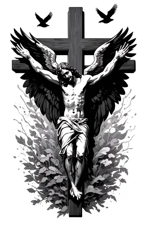 Jesus Christ with wing and birds flying will he is on the cross tattoo design idea