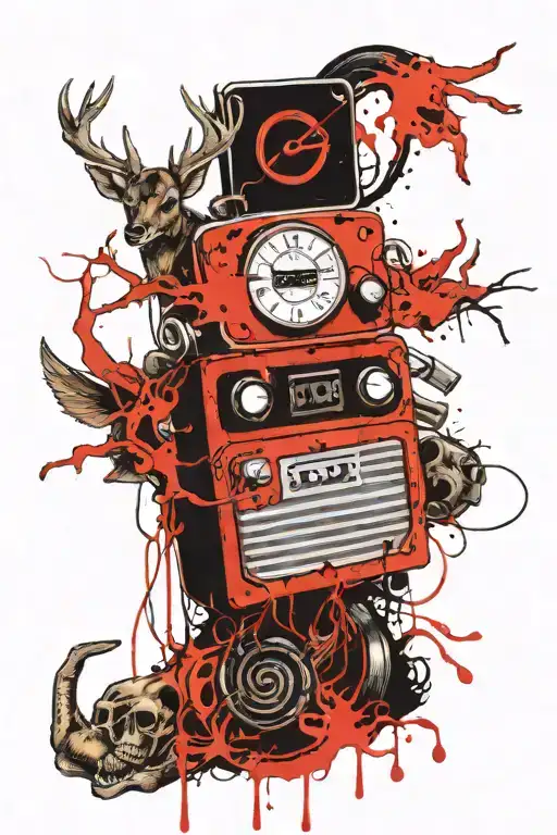 Tattoo of a cursed vintage radio with deer antlers, ragged seams, cursed voodoo symbols and a creepy smile,  tattoo design idea
