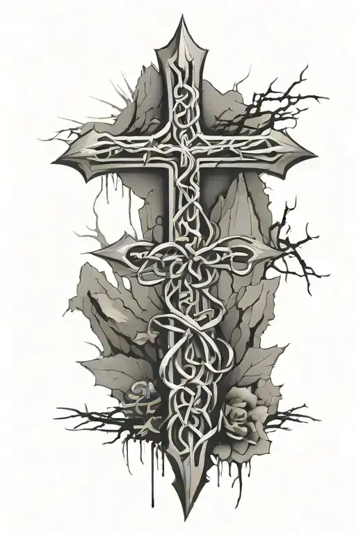cross with mountains inside, bottom says G>^ with crown of thorns wrapped around tattoo design idea