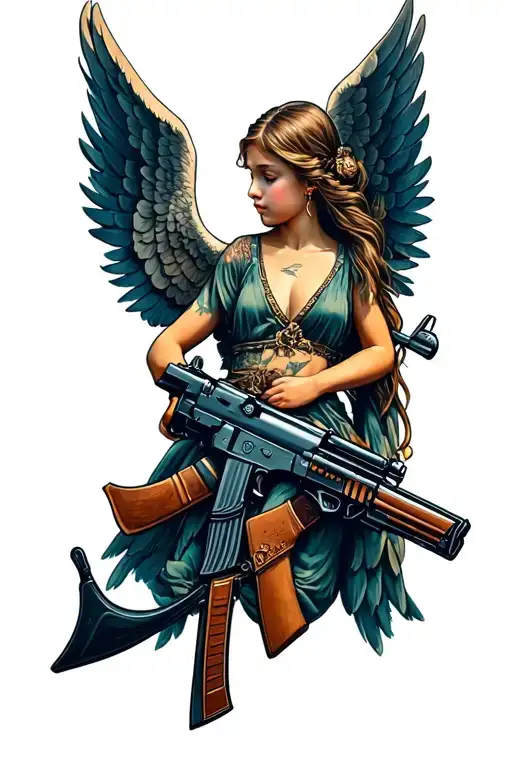winged angel holding AK 47 tattoo design idea