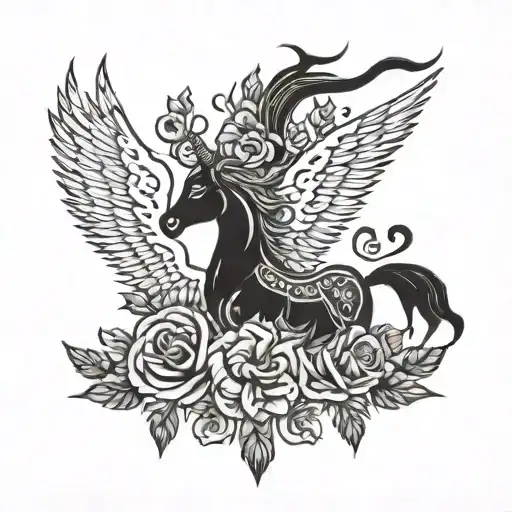 Scottish clan Duncan crest heraldry crown wings with unicorn and roses and thistles  tattoo design idea