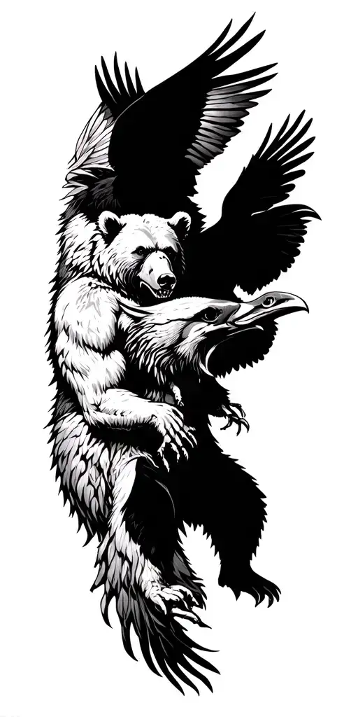 Bear is furious in the forest with ravens tattoo design idea