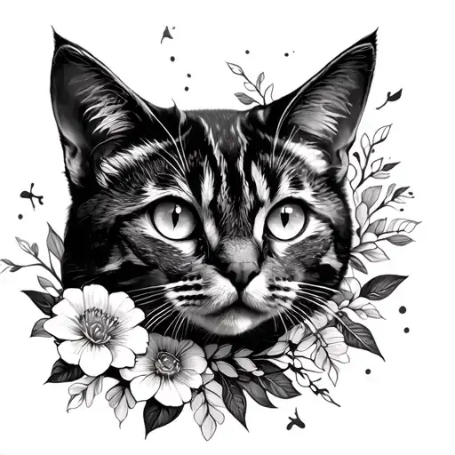 Flowers, Mandala and Cat surrounded tattoo design idea