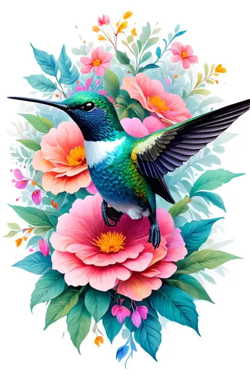 realism hummingbird with floral background  tattoo design idea