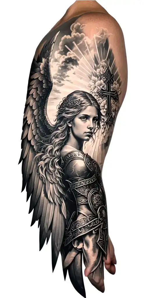 Meaningful warrior angel, Norse Valkyrie, clouds, rays, floral patterns, Norse cross tattoo design idea