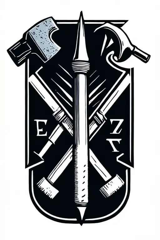 A striking emblem of craft and resilience: a needle and hammer crossed in unity include the names Emeteria and Fruto tattoo design idea