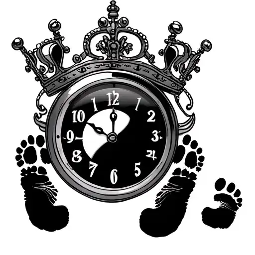 stop watch, king crown, baby footprints tattoo design idea