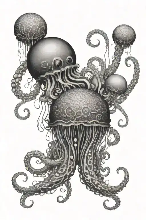 The tentacles stretch from the bottom up. In the center is a New Year's ball. On top is a jellyfish tattoo design idea
