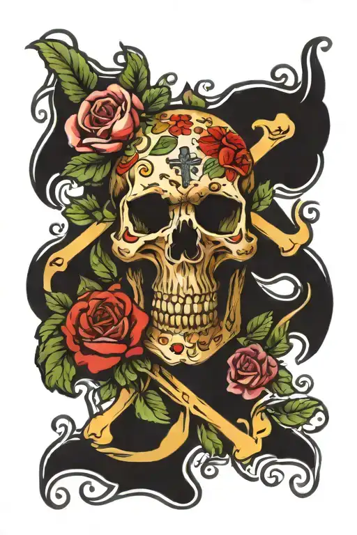 skull holding cross surrounded by florals tattoo design idea