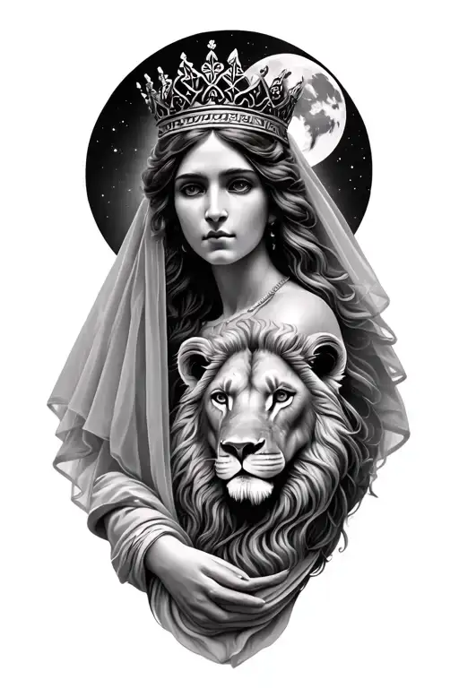 black & grey realism greek goddess of motherhood wearing a veil crown with a lion and the moon tattoo design idea