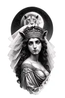 black & grey realism greek goddess of motherhood wearing a veil crown with a lion and the moon tattoo design idea