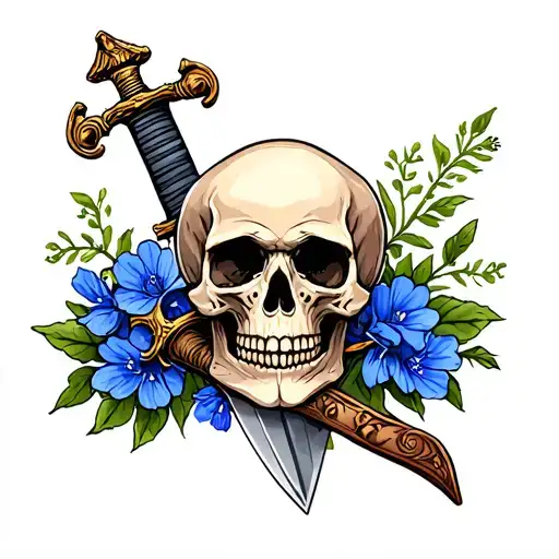 skull, bluebonnet, sword tattoo design idea