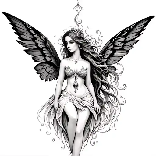 unalome with fairy angel in it for women in ankle tattoo design idea
