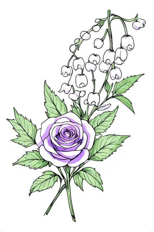 fine line tattoo sketch of a violet, a lily of the valley, and a rose in a bouquet tattoo design idea