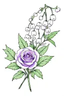 fine line tattoo sketch of a violet, a lily of the valley, and a rose in a bouquet tattoo design idea