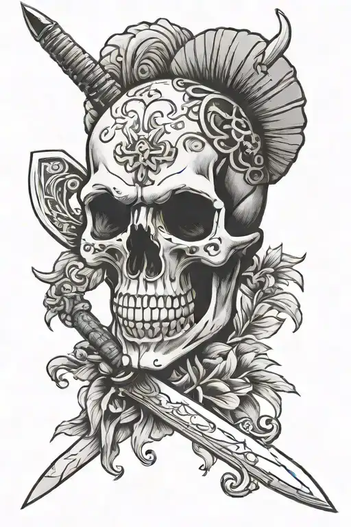 aries skull with knife cutting tattoo design idea