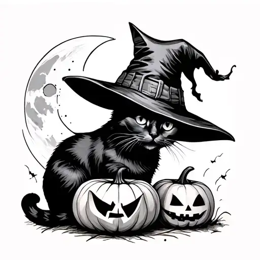 black cat wearing a witch hat sitting beside a jack-o'-lantern under the moon tattoo design idea