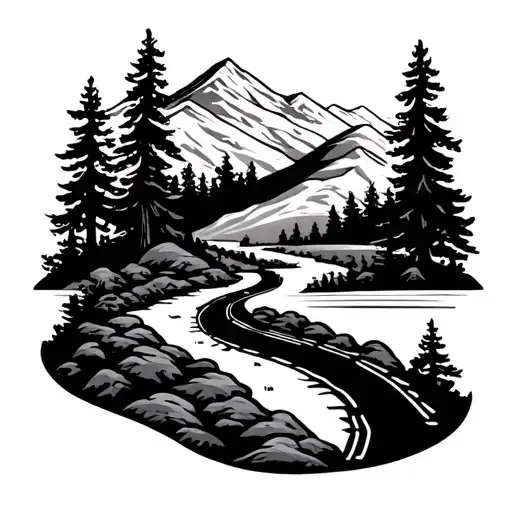 A half -sleeved tattoo in black and white that represents a route (path or road) that winds along the Bracc tattoo design idea