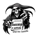 reaper holding a juice box what the words succoso e sottile tattoo design idea