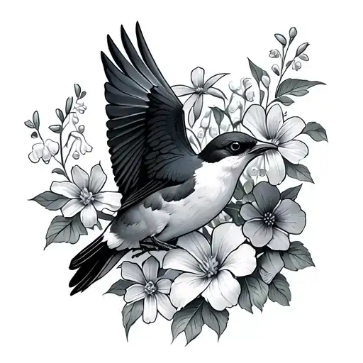 Swallow bird flying with forgetmenots, hawthorn, lily of the valley, aster, and morning glory flowers in its mouth  tattoo design idea