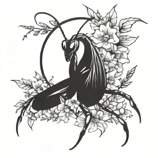 full arm sleeve with praying mantis with small jumping spider surrounded by flowers tattoo design idea