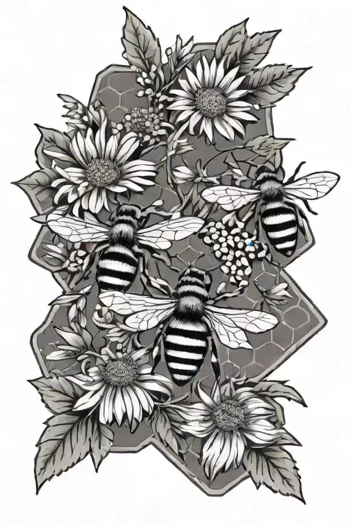 bees and daisies and honeycomb fine line tattoo design idea