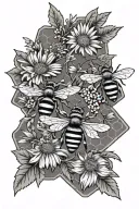 bees and daisies and honeycomb fine line tattoo design idea