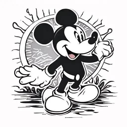 Mickey mouse in neo traditional style with a sun tattoo design idea