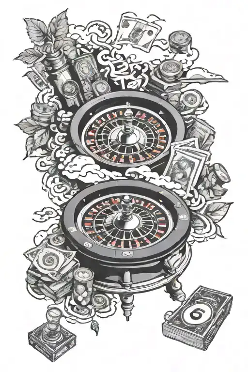 roulette table with cash, cars, clouds, weed, 1 of 1  tattoo design idea