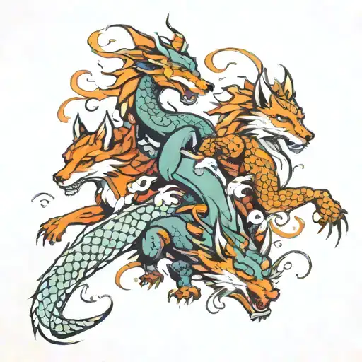 battle between a dragon, wolf, fox, mermaid,and warrior tattoo design idea