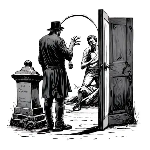 a man at an open door, a mourner at a grave, a gambler losing, and the corpse of a so called hero tattoo design idea