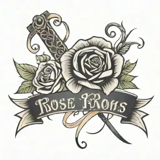 rose and cross name ribbon wrapped tattoo design idea