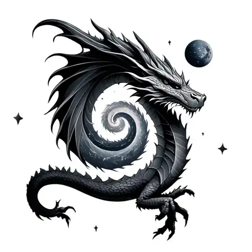 Spiral Dragon on forearm with universe design on dragons body tattoo design idea