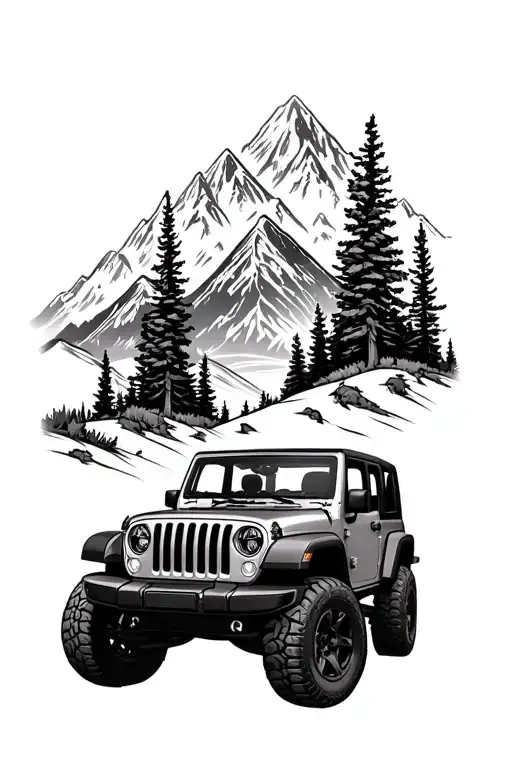 topless jeep wrangler in wilderness and mountains scene tattoo design idea