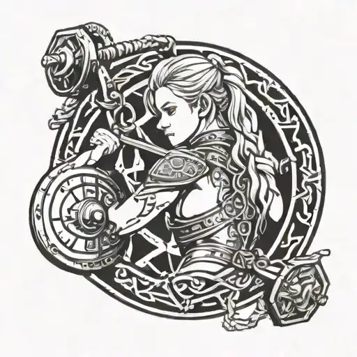 shield maiden turned to the side holding a barbell with Norse symbols for power and strength incorporated  tattoo design idea